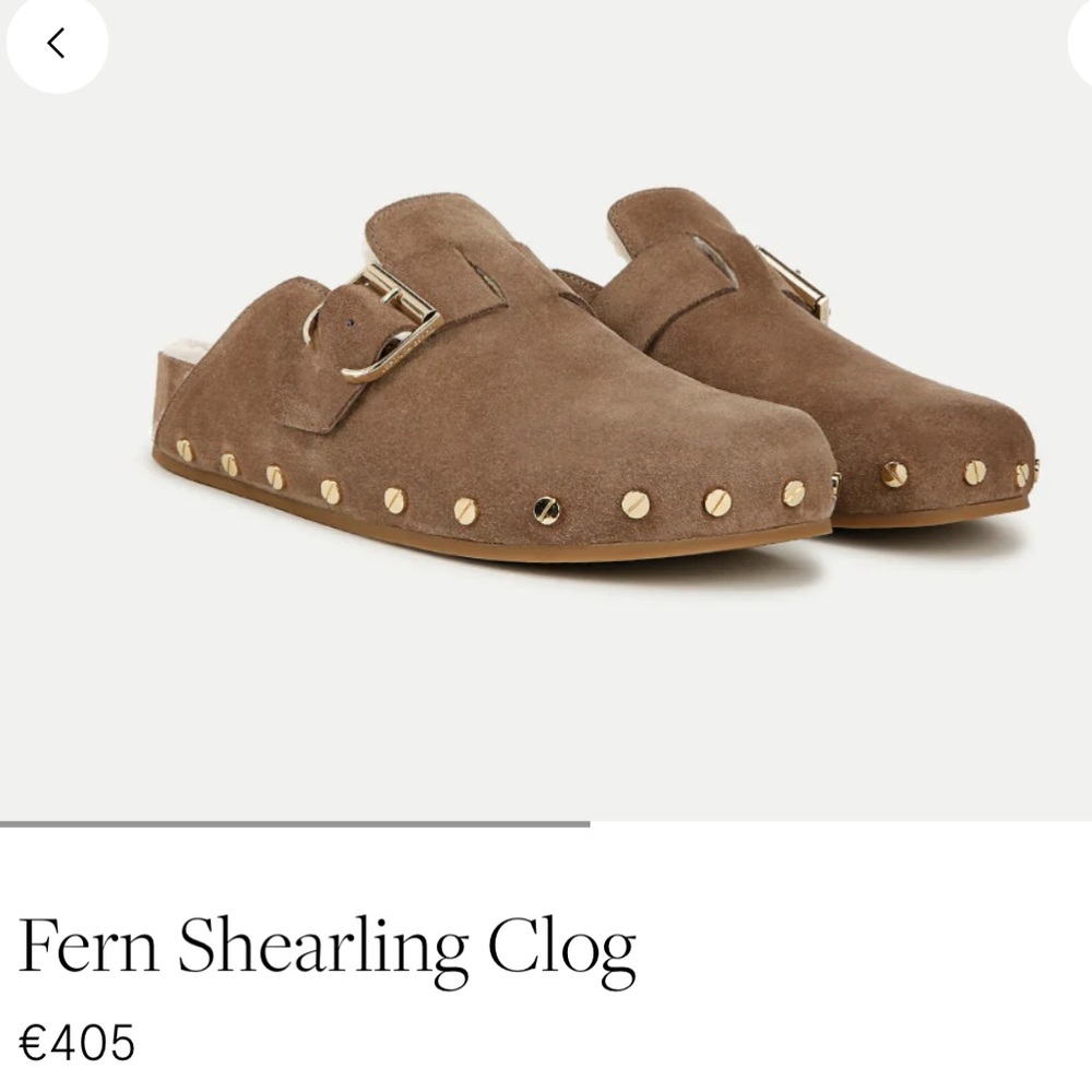 VERONICA BEAR
Fern Shearling Clog
$425 women size  6 preowned 
Beige Suede